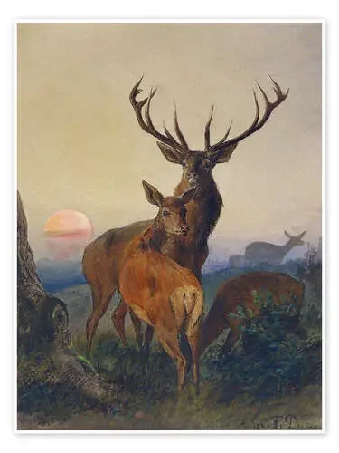 A Stag with Deer at Sunset de Carl Friedrich Deiker Bridgeman Images