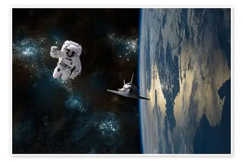 An astronaut drifting in space is rescued by a space shuttle orbiting Earth. de Marc Ward Stocktrek Images
