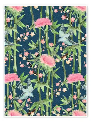 bamboo birds and blossoms on teal de Micklyn Le Feuvre