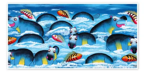 Blue Hippos in bathroom de Mrope Tanzania Art & Licensing