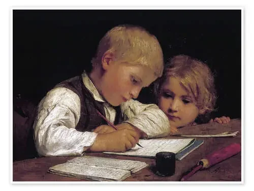 Boy writing with his sister de Albert Anker Bridgeman Images