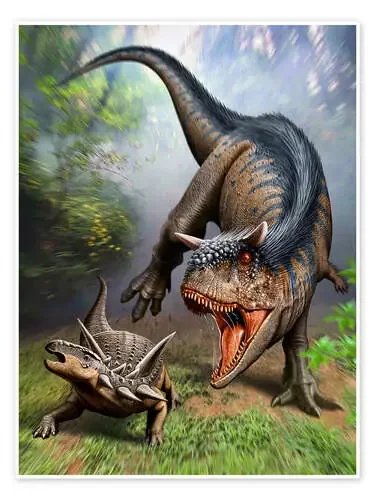 Carnotaurus attacking at Antarctopelta armored dinosaur Stocktrek Images