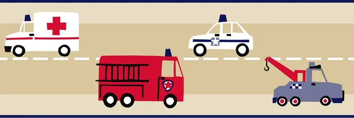 cenefa de papel pintado camión de bomberos y coche de policía beige, rojo y azul de ESTAhome – 177305