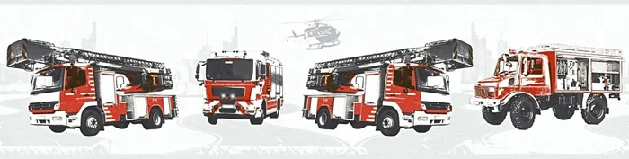 cenefa de papel pintado camiones de bomberos rojo y gris claro de A.S. Création – AS-358141