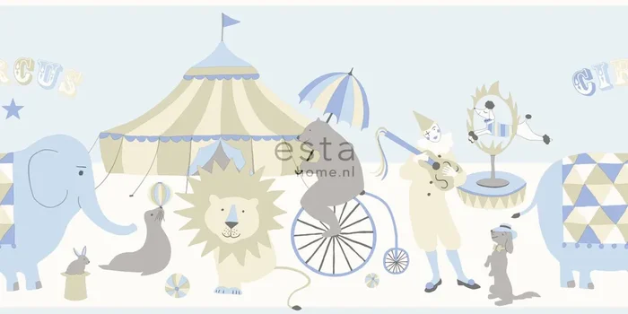 cenefa de papel pintado circo azul claro, beige y blanco de ESTAhome – 178701