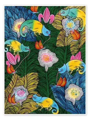 Chameleons drinking nectar de Majidu Tanzania Art & Licensing