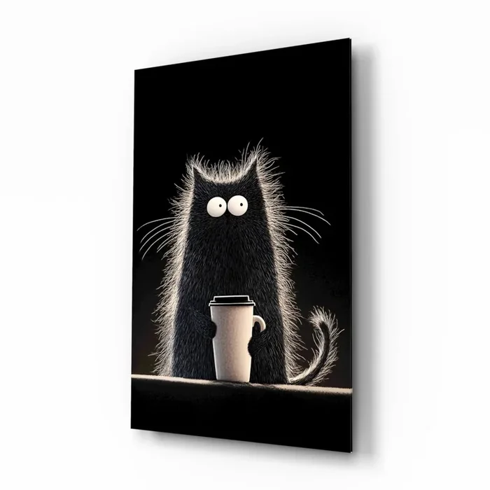 Coffee Lover Cat Glass Wall Art Designer Collection – 28.5 » X 18 «