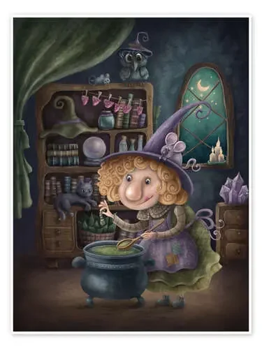 Cute witch cooking a potion in a cauldron de Elena Schweitzer
