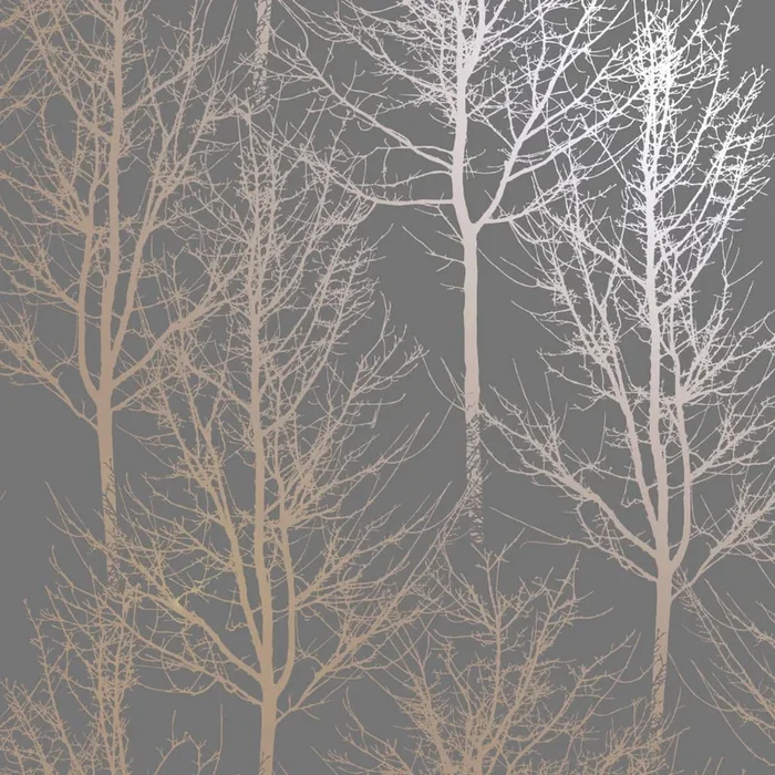 DUTCH WALLCOVERINGS Papel pintado Rhea Trees gris y oro rosa