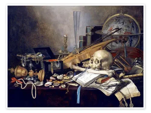 Ein Vanitas-Stillleben mit Musikinstrumenten, einem goldenen Pokal, einem Globus, einem Schädel und de Pieter Claesz ARTOTHEK