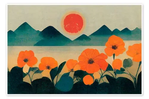 Flores naranjas frente a las montañas de treechild