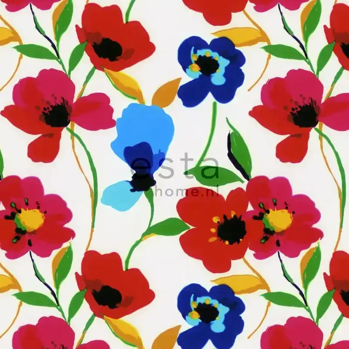 fotomural amapolas rojo, azul, amarillo y verde de ESTAhome – 158007