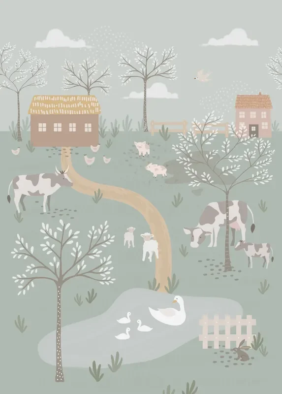 fotomural animales de granja verde grisáceo de ESTAhome – 159242