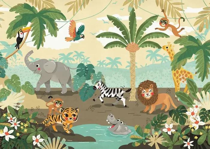 fotomural Animales de la selva verde, azul y amarillo de Komar – 612800