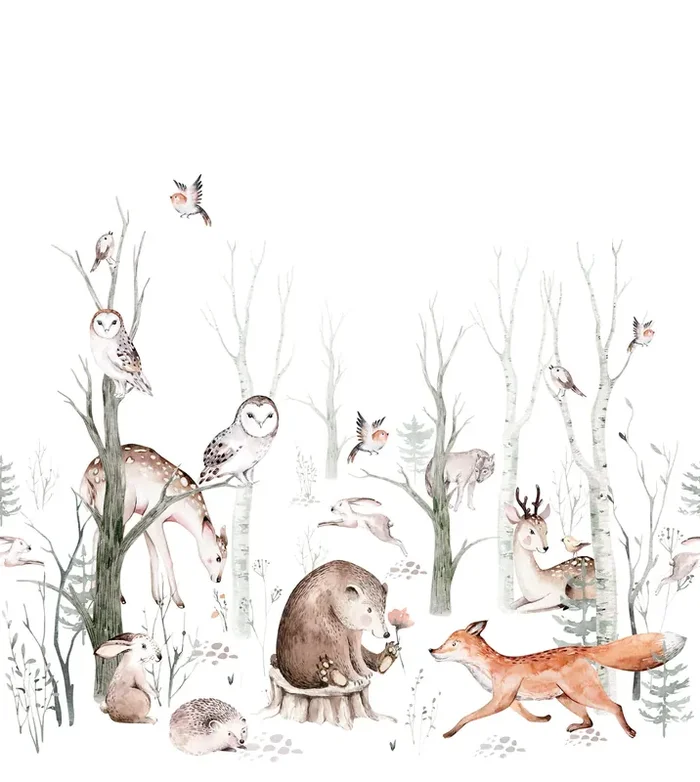 fotomural animales del bosque vintage blanco y marrón de ESTAhome – 159240