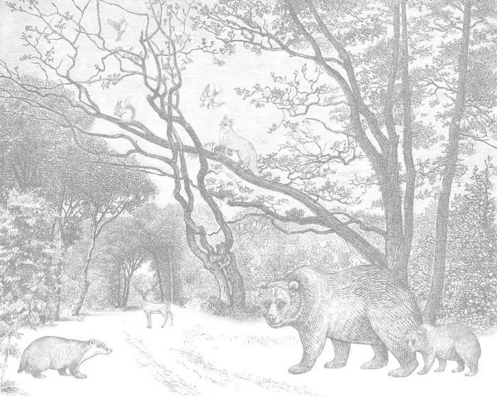 fotomural bosque con animales del bosque gris de ESTAhome – 159362