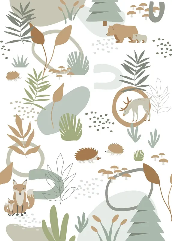 fotomural bosque con animales del bosque verde grisáceo y beige de ESTAhome – 159256