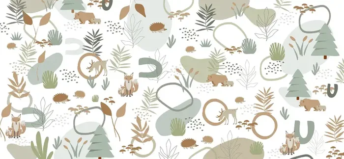 fotomural bosque con animales del bosque verde grisáceo y beige de ESTAhome – 159288