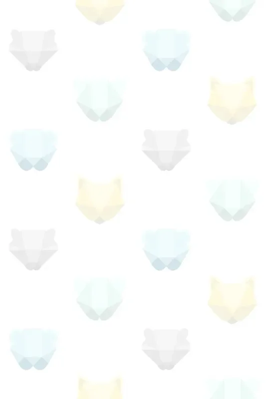 fotomural cabezas de animales origami verde menta pastel claro, azul celeste pastel claro, amarillo pastel claro, gris claro cálido y blanco mate de Origin Wallcoverings – 357208