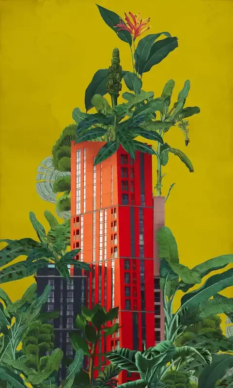 fotomural edificios amarillo ocre, verde y rojo de Komar – 612934