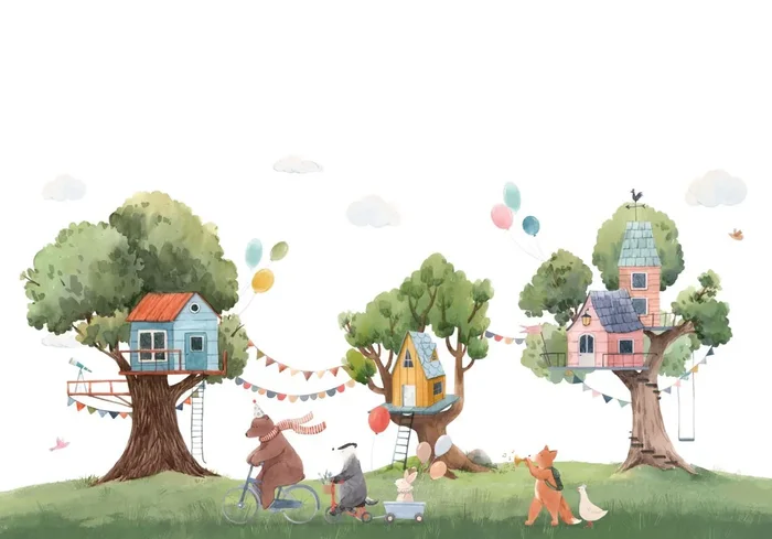 fotomural fiesta en árbol con animales verde, azul y blanco de ESTAhome – 159460