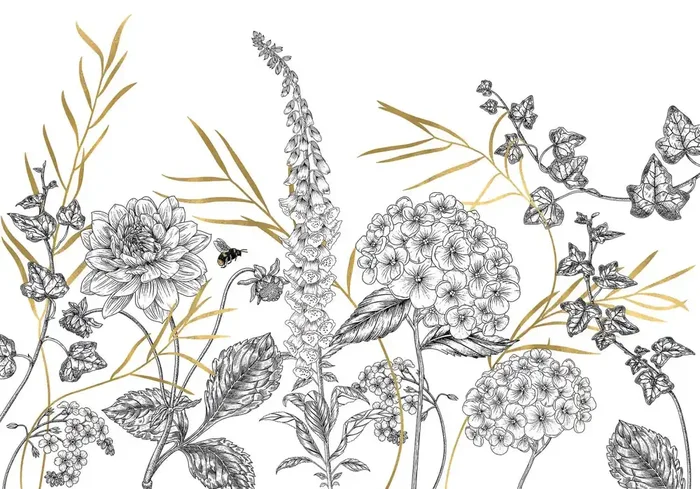 fotomural flores blanco y negro y oro de Sanders & Sanders – 612472