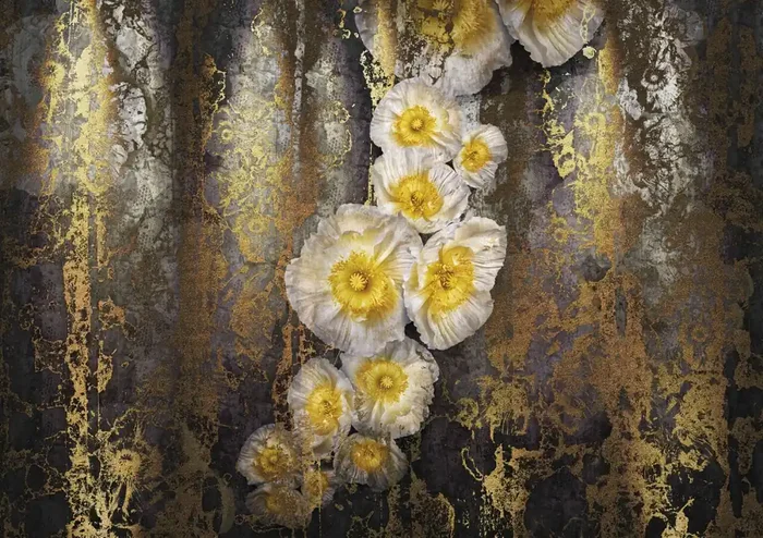 fotomural flores gris, amarillo y oro de Komar – 611039