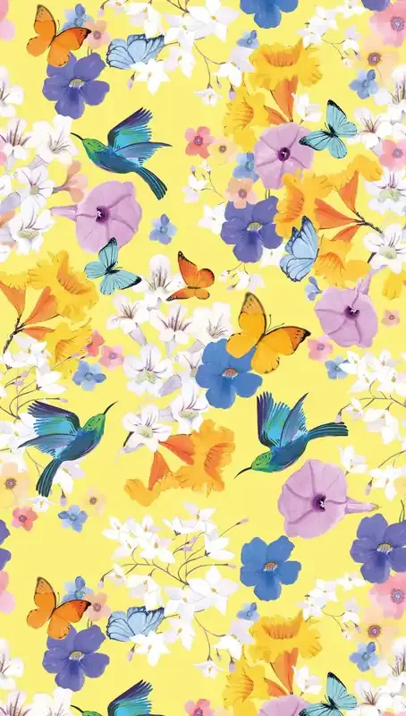 fotomural flores y pájaros multicolor, amarillo, azul, blanco y morado lila de Livingwalls – AS-391971