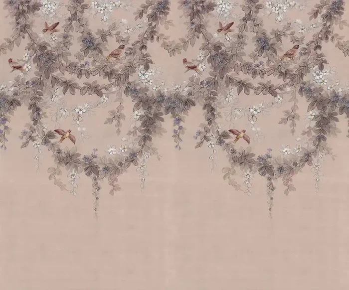 fotomural flores y pájaros rosa gris de Komar – 612795