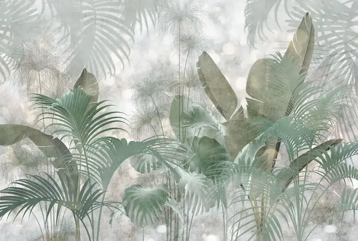 fotomural hojas de la selva tropical verde grisáceo de Komar – 611151
