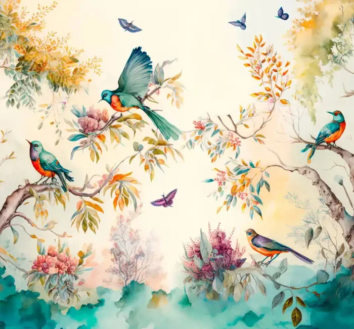 fotomural hojas de la selva tropical y pájaros del paraíso turquesa y beige de Sanders & Sanders – 950028