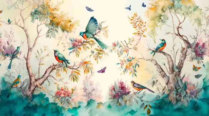 fotomural hojas de la selva tropical y pájaros del paraíso turquesa y beige de Sanders & Sanders – 950027