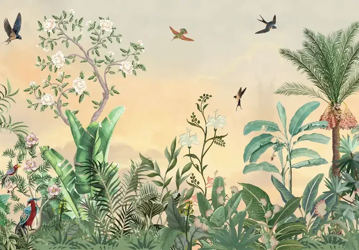fotomural hojas de la selva tropical y pájaros del paraíso verde y multicolor de ESTAhome – 159463