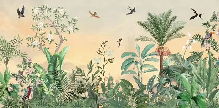fotomural hojas de la selva tropical y pájaros del paraíso verde y multicolor de ESTAhome – 159462