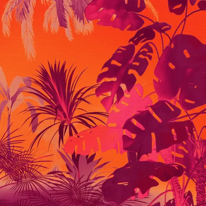 fotomural hojas tropicales naranja, morado y tonos de rosa de Komar – 612898