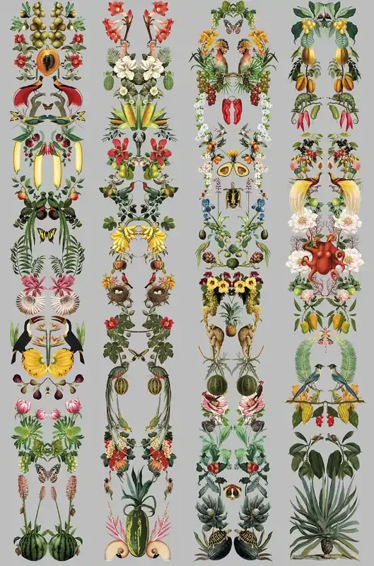 fotomural hojas y flores tropicales gris y multicolor de Walls4You – 640102