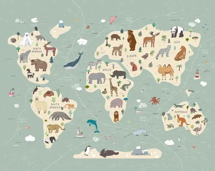 fotomural mapa mundial para niños azul agrisado y beige de Sanders & Sanders – 950021