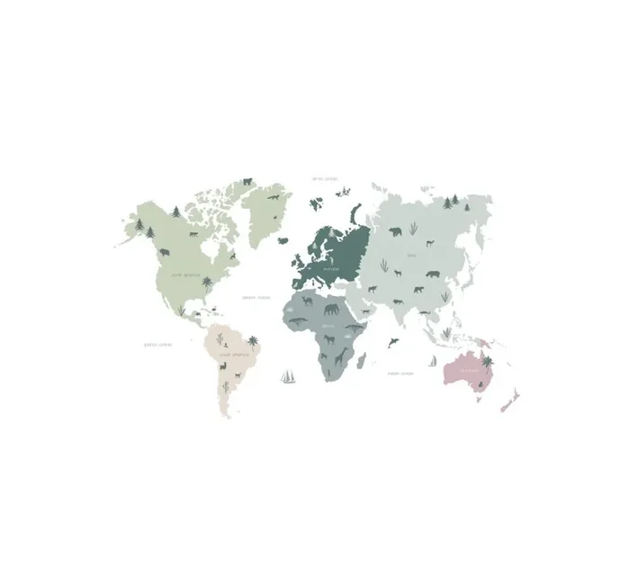 fotomural mapa mundial para niños menta verde, gris y rosa de ESTAhome – 159162
