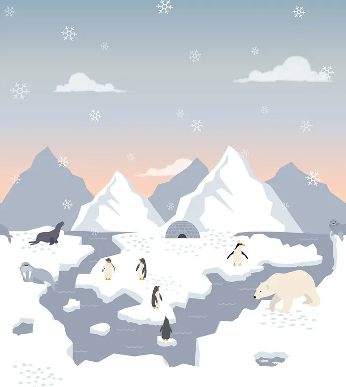 fotomural osos polares, pingüinos y focas en la nieve azul y blanco de ESTAhome – 159297