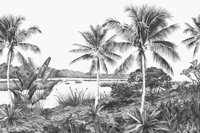fotomural paisaje con palmeras blanco y negro de Origin Wallcoverings – 357224