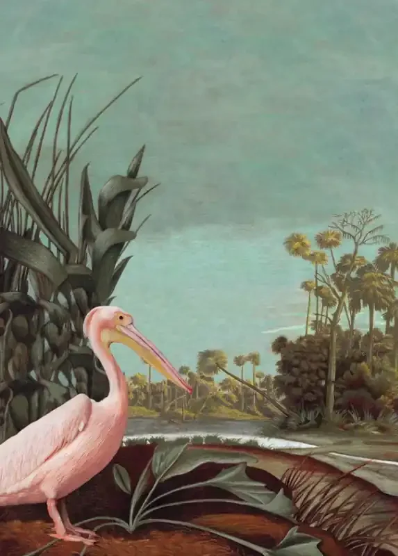 fotomural paisaje tropical turquesa grisáceo, marrón, verde oscuro y rosa claro de ESTAhome – 159352