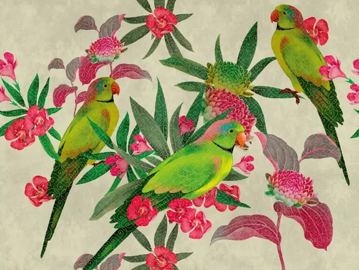 fotomural pájaro verde, rosa, rojo y naranja de One Wall one Role – AS-382541