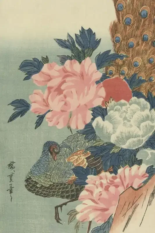 fotomural pavo real y peonías rosa viejo, verde y azul de Origin Wallcoverings – 357310