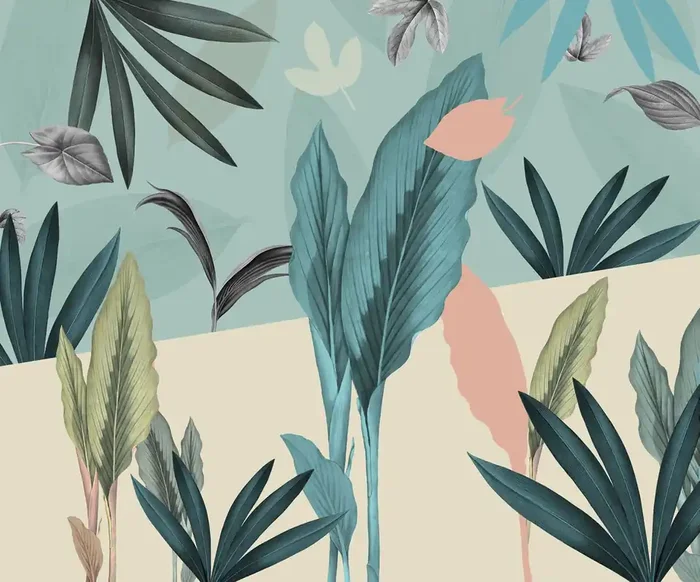 fotomural plantas tropicales azul, rosa y verde de Komar – 611203