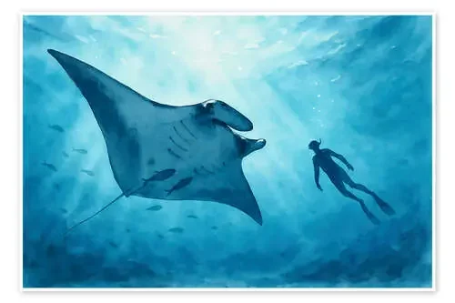 Freediver swimming with giant manta ray de Natalie Bruns