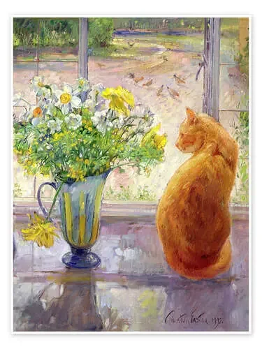 Gato con flores en la ventana de Timothy Easton Bridgeman Images