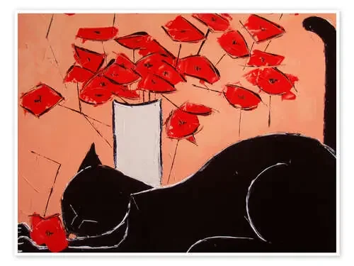 Gato negro con amapolas III de JIEL