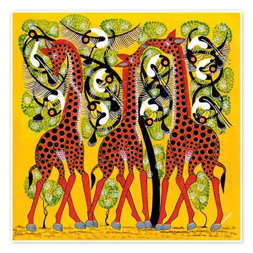 Giraffe Trio and flock of birds de Chiwaya Tanzania Art & Licensing