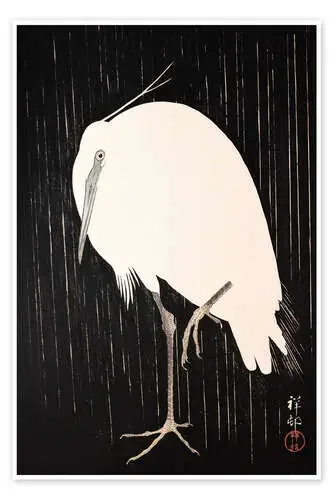 Grulla blanca bajo la lluvia de Ohara Koson Master Collection