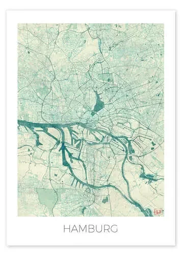 Hamburgo, mapa azul de Alemania de Hubert Roguski